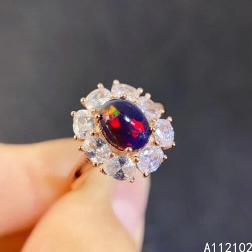 KJJEAXCMY fine jewelry 925 sterling silver inlaid natural black opal Girl popular Chinese style simple flower gem ring support t