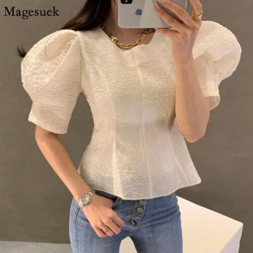 Korea Style Chic Bubble Sleeve Round Neck Women Blosue Short Sleeve Slim Shirt Office Lady Top Short Sleeve Solid Clothing 13945