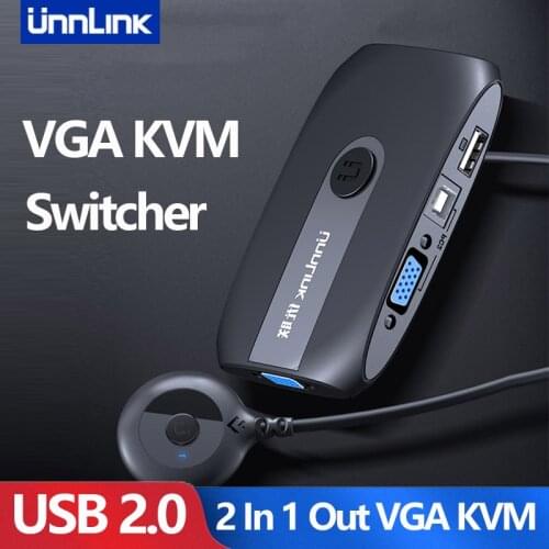 Unnlink 2X1 VGA KVM Switch Box Selector with Extender 2 Ports USB 2.0 Sharing monitor mouse keyboard for 2 Computer Laptops PCs