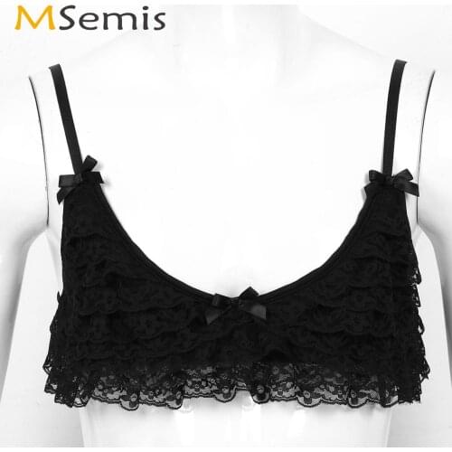 Mens Gay Cute Lingerie Adjustable Shoulder Straps Camisole Bra Top Sexy Frilly Ruffled Layered Lace Bralette Lenceria Sissy Bras