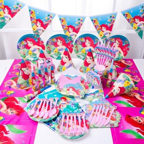 6 Kids Ariel Little Mermaid Disposable Tableware Birthday Party Supplies Festival Decoration Event Favor Gender Reveal Girls