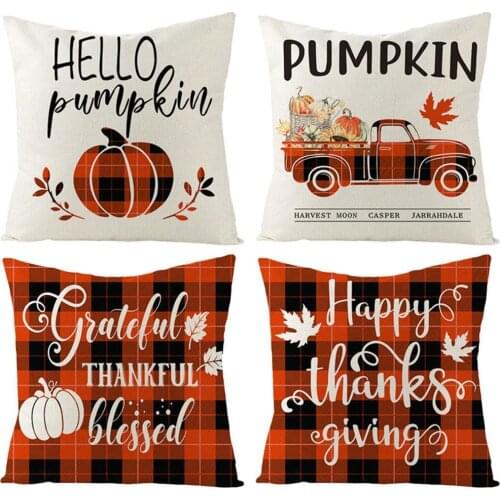 Fall Pumpkin Cushion Covers Farmhouse Decor Thanksgiving Buffalo Check Linen Throw Pillow Covers Happy Thanksgiving 45*45cm