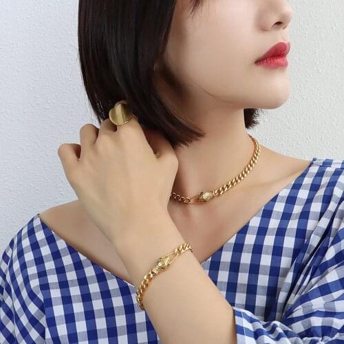 2021 New French Snake Head Green Zircon Necklace Thick Chain Titanium Steel Punk Hip Hop Personality Luxury Jewelry Suit