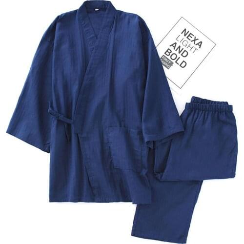 Mens cotton gauze kimono pajamas thin spring and summer elastic waist home sleepwear loose casual plus size black two piece set