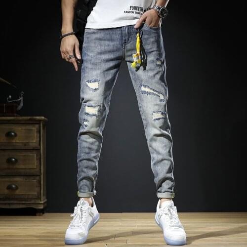 Ripped Jeans Men Summer Thin Light Blue Stretch Mens Jeans Slim Fit Pencil Pants
