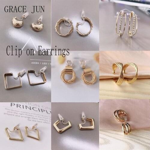 GRACE JUN Korea Style Gold Color Copper Geometric Circle Clip on Earrings No Pierced Elegant Cuff Ear Clip Anti-allergy Gift New