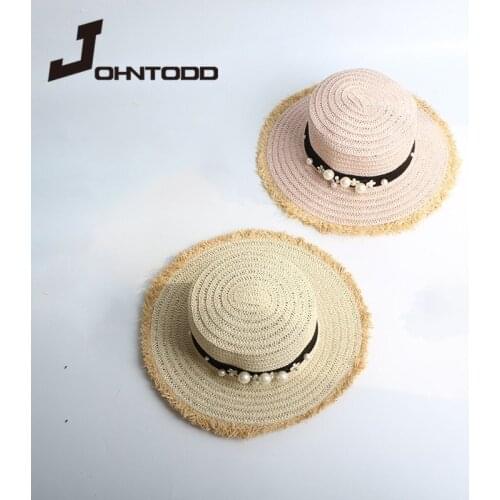 Lovely pearl beach sun hat flat straw hat summer spring ladies travel hat casual black breathable fashion flower girl hat