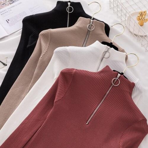 Zipper Half Turtleneck Sweater Women Fashion Skinny Pullovers Female Long Sleeve Elastic Knitted Femme Pull Femme 2020 Fall New