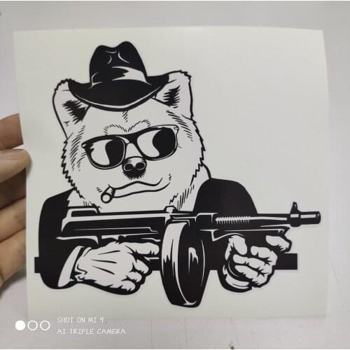 Three Ratels BB101 Funny Akita Inu Dog With Machine Gun And Cigar Car Sticker Waterproof Auto Decors On Bumper Rear Window