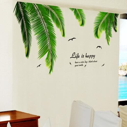 Green Palm Leaves Wall Stickers Vinyl DIY Coconut Tree Leaves Mural Decals for Living Room Nursery Kitchen Home Decoration