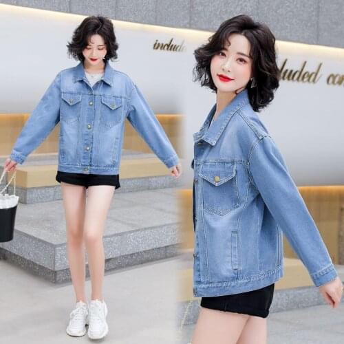 Denim Jacket Female Fat MM 2021 Spring And Autumn Wild Plus Size Cowboy Coat Women Slim Long-Sleeved Jeans Jackets Ladies L631