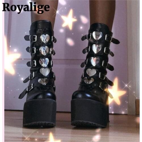 Women Mid Calf Platform Boots Autumn Leather Wedge Gothic Demonia Shoes Biker Boots Woman Heart Female Punk Buckle Footwear 2021