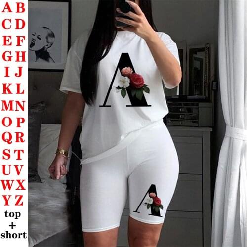 2021Two Piece Set Women Alphabet T Shirts And Shorts Set Summer Short Sleeve O-neck Casual Joggers Biker Shorts Outfit 26 Letter