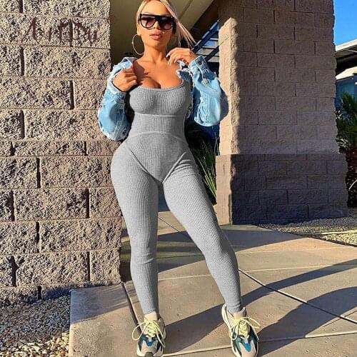 ArtSu Rib Knit Skinny Sleeveless Backless Elastic Jumpsuit Streetwear Summer Sexy Romper 2020 Womens Casual Grey Jumpsuits Black