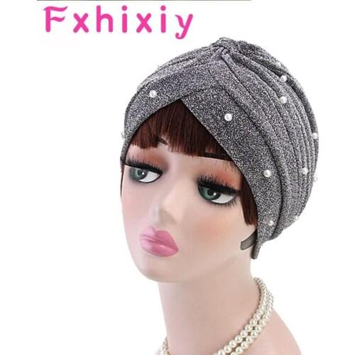 Temperament Women Top Knot Twist Turban Hats with Pearls Skullies Beanies Muslim Scarf Bright Silver Cap Casual Headwear