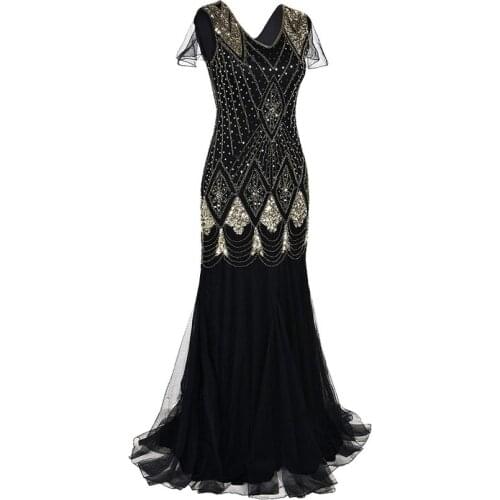 Women 1920s Great Gatsby Dress Long 20s Flapper Dress Vintage V Neck Short Sleeve Maxi Party Dress for Prom Cocktail