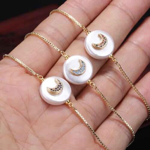 Multiple cz moon tiny gold cz crystal paved charm pearl bead connector thin link bracelet gift for woman