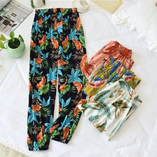 Summer Rayon Pants Womens Pyjama Bottoms Soft Casual Elastic Waist Printing Closure Pants Lounge Sleep Wear