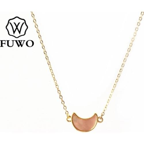 FUWO Carved Crescent Shape Seashell Pendant with Gold Filled Brass Chain Abalone/White/Black/Pink Shell Necklace Jewelry NC517
