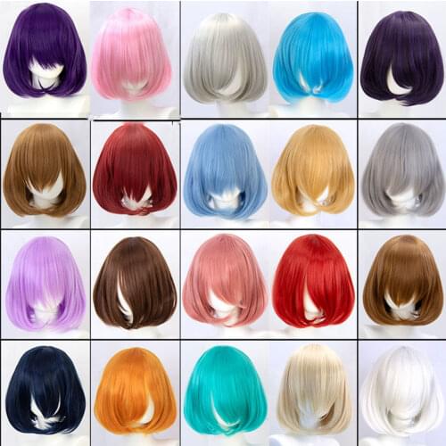 Synthetic straight pink short bob wig cosplay wigs for women with bangs red blue purple MUMUPI