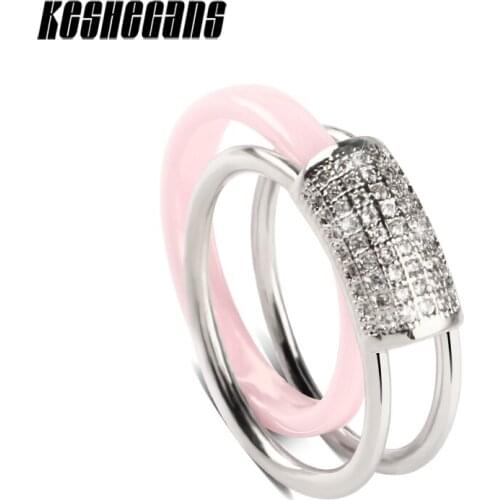 Lovely Girl Pink 2pcs/Set Be Apart Ceramic Ring With Shining Steel Rings Crystal Fashion Engagement Party Romantic Jewelry Gift