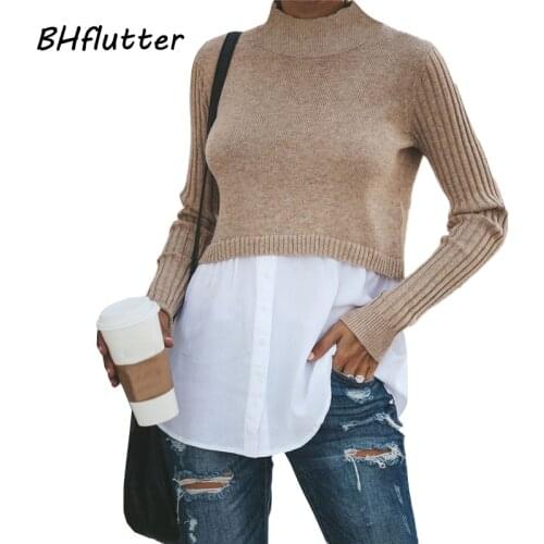BHflutter Fashion Spliced Sweater Women Long Sleeve Casual Turteneck Sweaters Knitted Tops Ladies Autumn Winter Pullovers Jumper