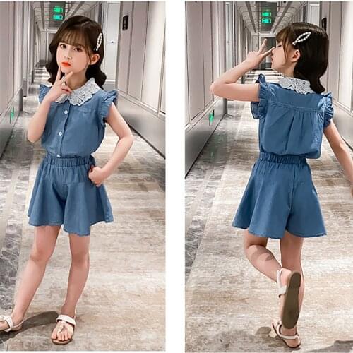 New Children Girls Clothing Set Fashion Denim Outfits Lace Collar Tops + Jeans Shorts 2Pcs Casual Kids Clothes Girls Summer Sets