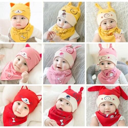 New Winter Girls Hat Scarf Set Cute Cartoon Baby Boy Girls Hat Sets Spring Children Hat Scarf-Collar Bibs Cotton Kids Hat Set