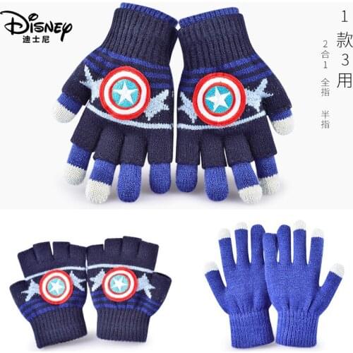 Original Disney Childrens Gloves Autumn And Winter Half-finger Full-finger Warmth Pupils Five-finger Woolen Gloves Male Marvel