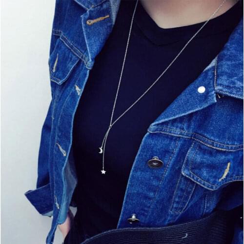 925 Sterling Silver Necklace Micro Zircon Stars Moon Long Chain Necklace For Women collares S-N48