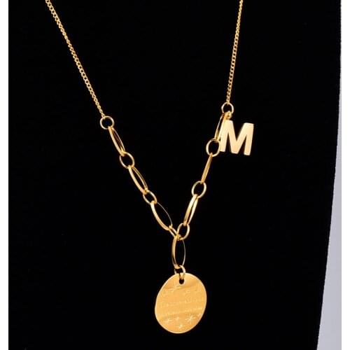 YCHM Vintage Letter M Astral Round Tag Pendant Necklace Star Stainless Steel Women Jewelry Not Fade