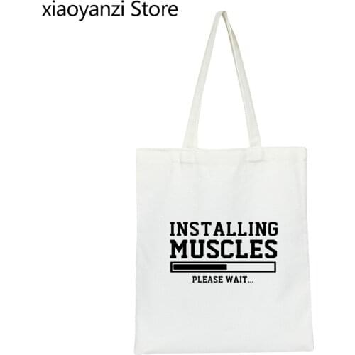 Printed INSTALLING MUSCLES funny Shopping Bag Fashion Eco friendly Reusable Grocery Tote Handbag Brand Shoulder Bags wholesale