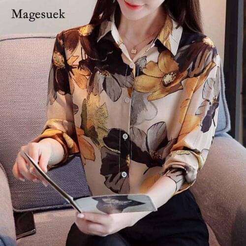 2020 Fall Korean Loose Slim Casual Oil Painting Elegant Lapel Long Sleeve Blouse Women Printed Chiffon shirt Blusas Mujer 10746