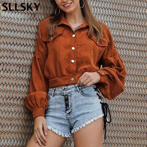 SLLSKY Women Corduroy Short Jacket Solid Loose Turn down collar Button Pocket Crop Coat Long lantern sleeve OutWear Top 2020