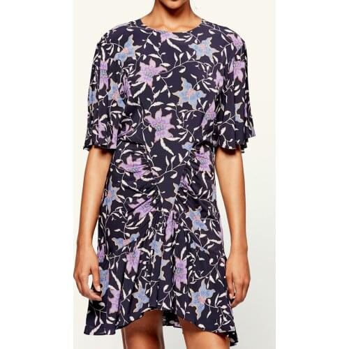 Ladies 2021ss Round Neck Floral Print Short-sleeve Ruffle Short Mini Dress