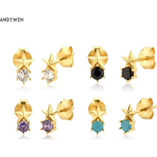 ANDYWEN 925 Sterling Silver One Zircon Star Stud Earring Piercing Ohrringe Pendiente Luxury Fashion Crystal Jewelry For Women