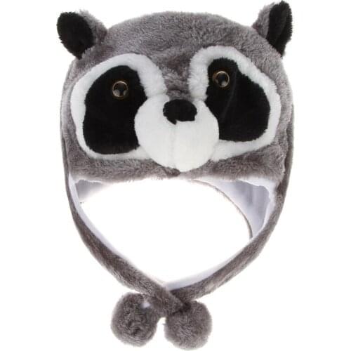 Winter Fuzzy Plush Raccoon Animal Hat Pompom Warm Cosplay Earflap Beanie Cap 6XDA