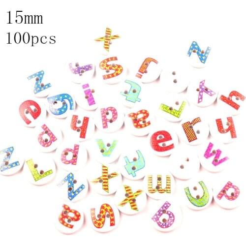 100Pcs 15mm Mixed Wood Round Letter Buttons Sewing Cute For Kids Clothes Decorative Botones Crafts Needlework DIY Accessories