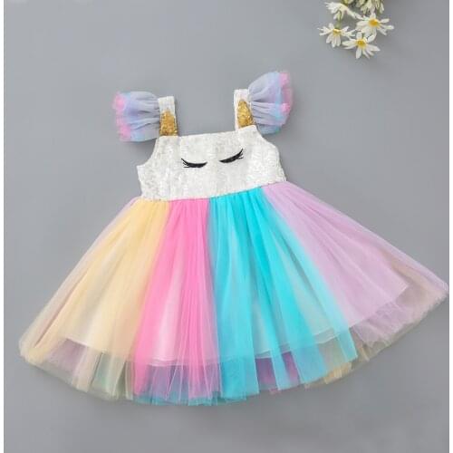 2021 2-7Y Toddler Girls Color Block Tulle Dress Summer Baby Sequins Cartoon Unicorn Fly Sleeve Square Collar Princess One-piece
