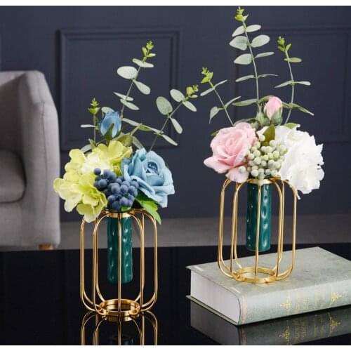 American Metal Frame Ceramic Vase Simulation Flower Ornaments Art Home Livingroom Furnishing Crafts Dining Table Figurines Decor