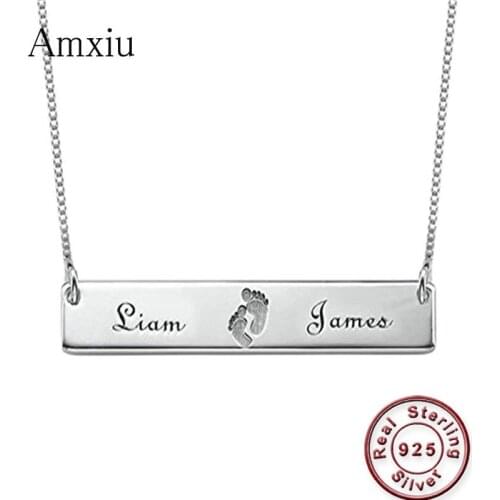 Amxiu Custom 925 Sterling Silver Necklace Engrave Baby Footprint Names Necklace Personalized Jewelry For Mother Gift Accessories