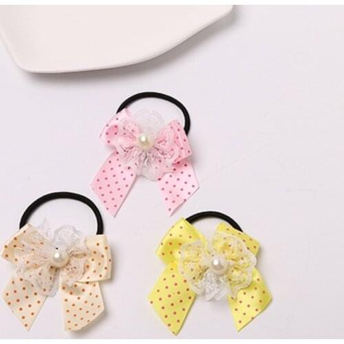 Children Dot Lace Print Bow Hairpins Rubber Bands Girls Kids Pearl Hair Accessories Gum For women girl Hair rope drop shipping