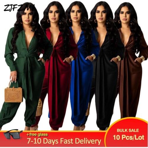 Bulk Items Wholesale Lots Womens Long Jumpsuit Button-up Ruched Long Sleeve Turn Down Collar Loose Romper One Piece Overalls