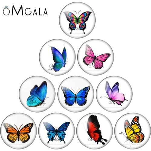 OMGALA Beauty Butterfly 10pcs mixed 10mm/12mm/16mm/18mm/25mm Round photo glass cabochon demo flat back Making findings ZB0566