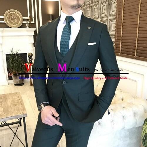 Luxury 3 Piece Mens Wedding Suit Fashion Men Slim Dark Green Business Office Suit Sets Blazer Tuxedos (Jacket+ Pants + Vest)