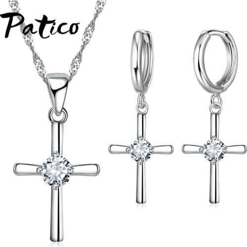 Unique Cross Pendant Necklace AAA Round White CZ Crystal 925 Sterling Silver Wedding Rings For Couple Hoop Earrings Gift