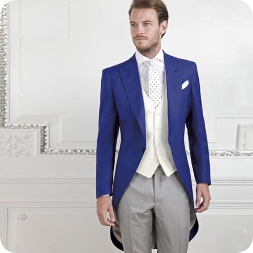 Vintage Royal Blue Tailcoat Men Suits for Wedding Groom Tuxedos 3 Pieces Long Jacket Mens Classic Suit Costume Morning Dinner