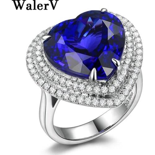WalerV for Women Lovers Custom Fashion Popular Love Shape Charm Rings Sterling Ring Dark Blue Crystal Zircon Wedding