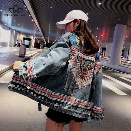 Bella philosophy Autumn Women Folk Style Splicing Tassel Denim Jacket Female Retro Embroidered Jeans Coat Streetwear Outwears