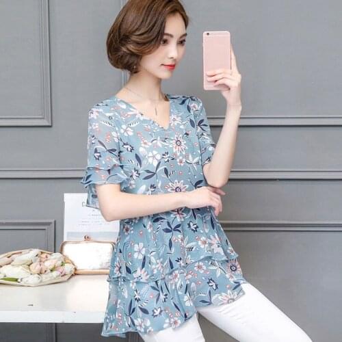 Women Summer Style Short Sleeve Chiffon Casual Blouses Shirts V-Neck Ruffle Lady Print Plus Size Loose Blusas TopsDM0110